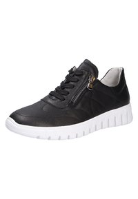Schwarze Ledersneaker mit strukturiertem Finish, Schnürverschluss, seitlichem Reißverschluss und weißer Gummisohle mit vertikalen Rillen.