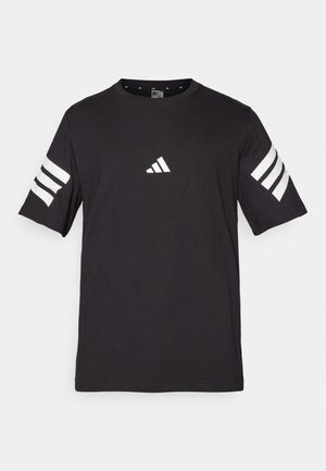Black short-sleeve t-shirt made of cotton, featuring white three-stripe designs on sleeves and a small white logo at the center front.