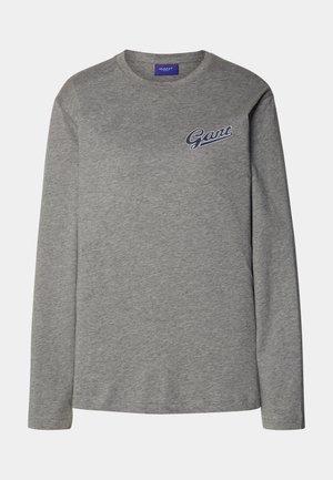 Grey long-sleeve t-shirt made of cotton, featuring a round neckline and a small navy logo on the left chest area. Smooth texture.