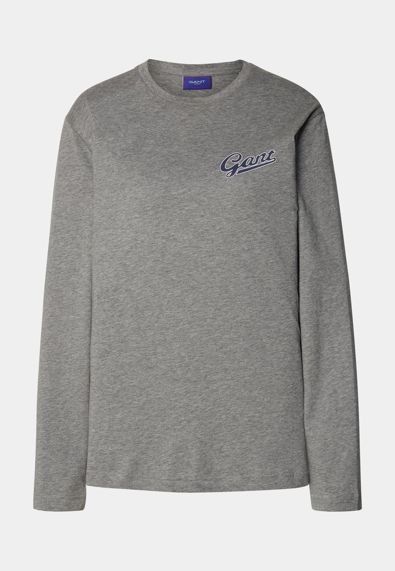 Grey long-sleeve t-shirt made of cotton, featuring a round neckline and a small navy logo on the left chest area. Smooth texture.