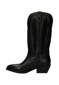 Bottes de cowboy en cuir noir avec une couture verticale complexe et des motifs courbés. Avant légèrement pointu et talon empilé.