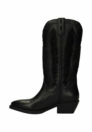 Zwarte leren cowboylaars met een spitse neus, decoratieve stiksels langs de schacht en een lage blokhak. Heeft een gestructureerd achterpaneel.
