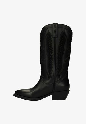 Black leather cowboy boot with pointed toe, decorative stitching along the shaft, and a low block heel. Features a textured back panel.