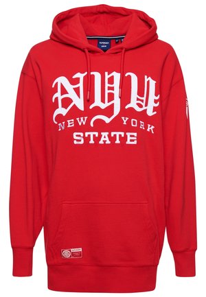 Sweat à capuche rouge avec texte blanc "NYU New York State", poche avant et cordons.