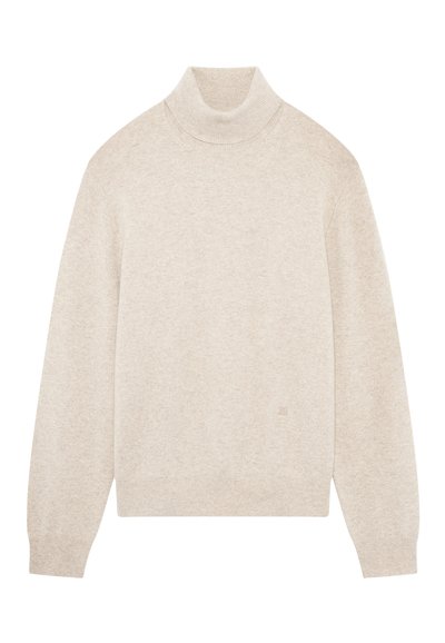 Maglione a collo alto di colore beige chiaro realizzato in un morbido tessuto testurizzato. Presenta maniche lunghe e un design aderente con un sottile logo del marchio.