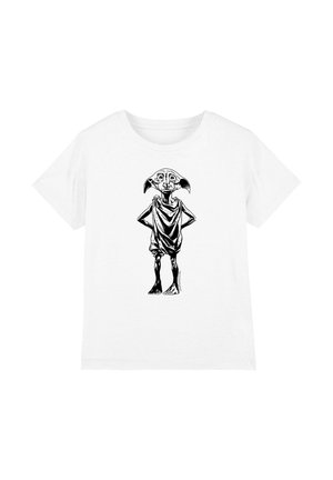 White short-sleeve t-shirt with black and white illustration of a small creature with large ears wearing a draped cloth.