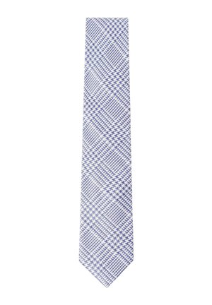 Cravate blanche avec un motif répétitif de losanges pied-de-poule bleus et blancs.