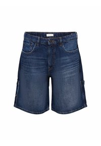 Short en denim bleu foncé, avec une coupe droite, des poches avant et des poches cargo latérales. Le matériau a une texture lisse avec un léger effet délavé.