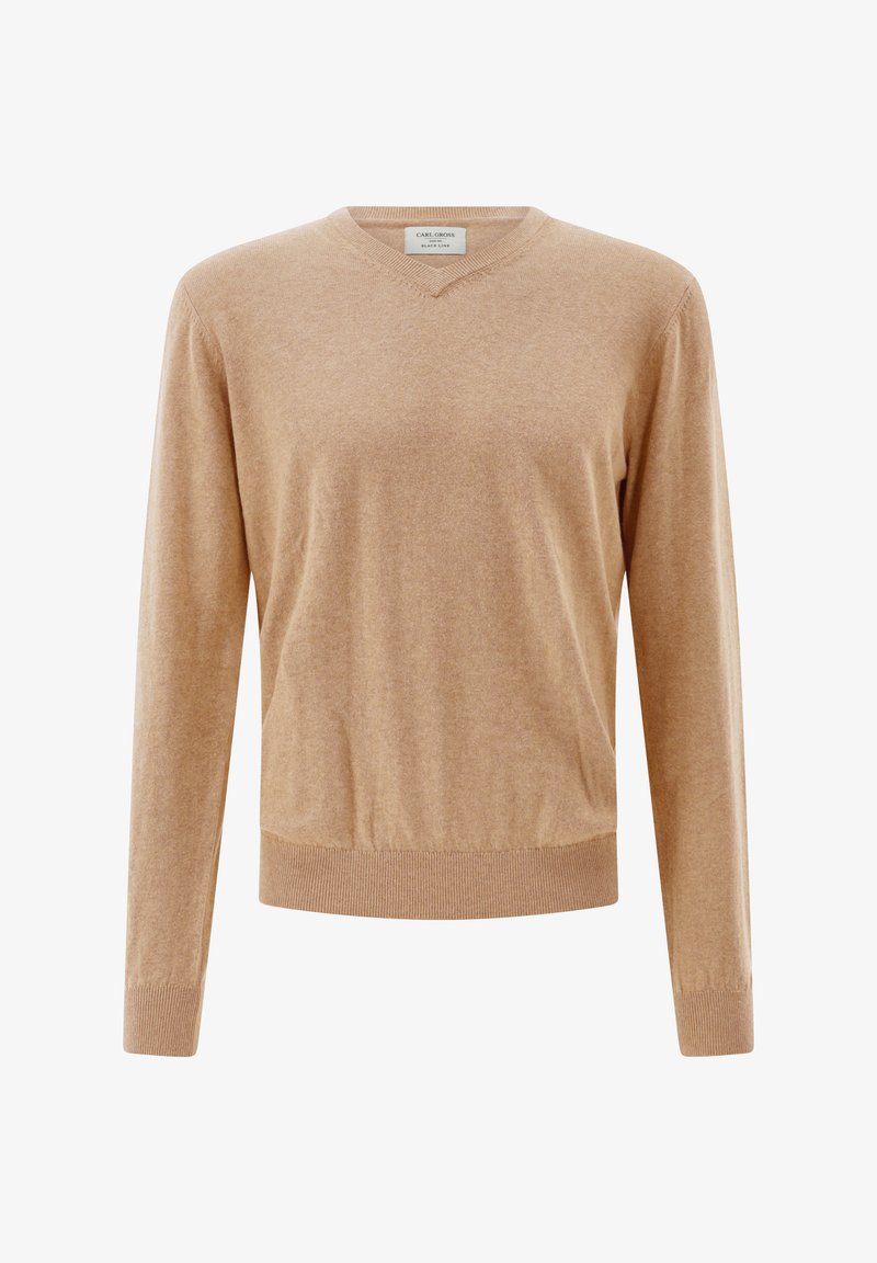 Light brown, long-sleeve sweater with a V-neck design, soft texture, ribbed cuffs and hem, made from a comfortable knit material.