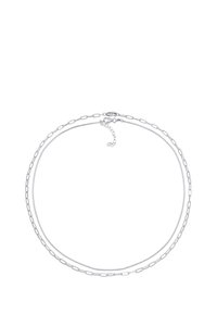 Silberne Halskette mit zwei Strängen: einer glatt und geschmeidig, der andere mit länglichen Gliedern. Verstellbar mit einem Verschluss und einer Verlängerungskette.