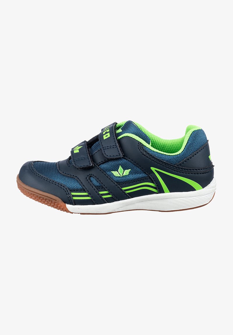 Navy blue athletic shoe with green accents, made of synthetic materials. Features Velcro straps and a textured rubber sole.