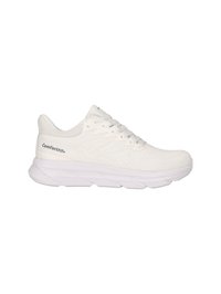White athletic shoe with a breathable mesh upper, lace-up design, cushioned sole, and textured accents for enhanced grip. Lightweight construction.