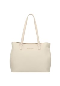 Sac fourre-tout en cuir color crème avec surface texturée, double poignées et marquage en relief à l'avant. Forme structurée avec une ouverture sur le dessus.