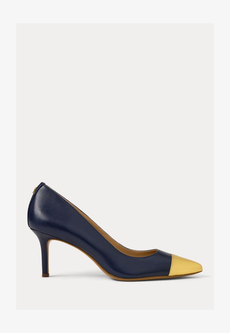 Navy leather pump with a pointed toe and yellow cap toe detail. Features a slender heel and smooth texture. Ideal for formal settings.
