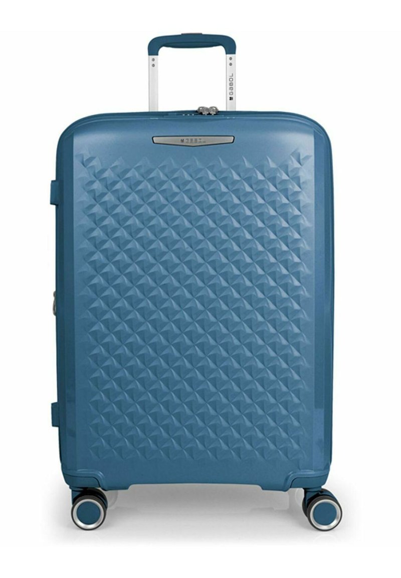 Hartschalenkoffer aus strukturiertem blauen Kunststoff mit geometrischem Rautenmuster, teleskopischem Griff und vier multidirektionalen Rollen.