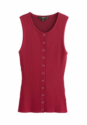 Haut sans manches en maille côtelée rouge profond avec un col rond et une rangée verticale de petits boutons-pression métalliques à l'avant.