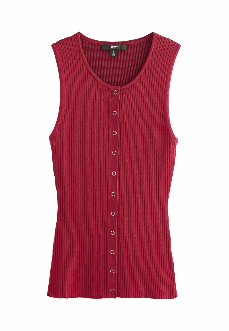 Haut sans manches en maille côtelée rouge profond avec un col rond et une rangée verticale de petits boutons-pression métalliques à l'avant.