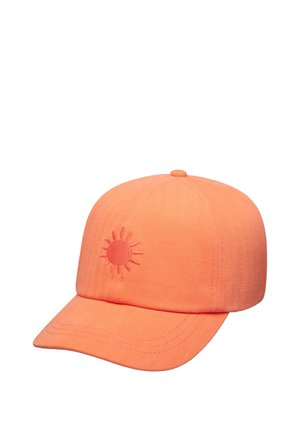 Pomarańczowa czapka z daszkiem z wyszywanym symbolem słońca na przodzie, z zakrzywionym daszkiem i widocznym przeszyciem paneli.
