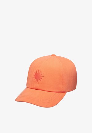 Casquette de baseball orange avec un symbole de soleil brodé à l'avant, dotée d'une visière courbée et de coutures visibles sur les panneaux.