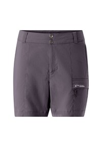 Paarse outdoor shorts gemaakt van lichtgewicht stof, met twee voorkeurszakken, een zijcargo zak en een ritsluiting.