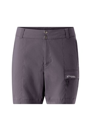 Lila Outdoor-Shorts aus leichtem Material, mit zwei Fronttaschen, einer seitlichen Cargo-Tasche und einem Reißverschluss.