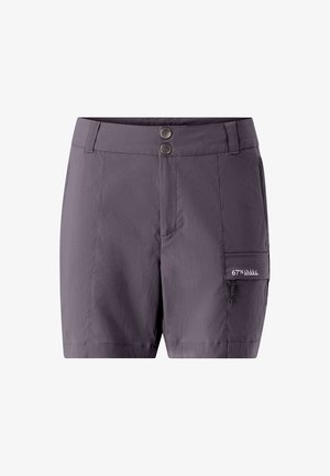 Lila Outdoor-Shorts aus leichtem Material, mit zwei Fronttaschen, einer seitlichen Cargo-Tasche und einem Reißverschluss.