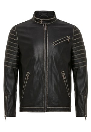 Schwarze Leder-Motorradjacke mit gesteppte Ärmeln, drei Reißverschlusstaschen, Frontreißverschluss und Druckknopfverschluss am Kragen.