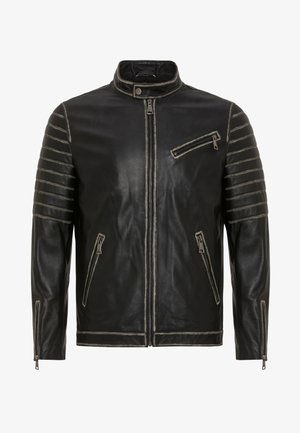 Sort lædermotorcykeljakke med quiltede ærmer, tre lynlåslommer, frontlynlås og tryklåslukning ved kraven.