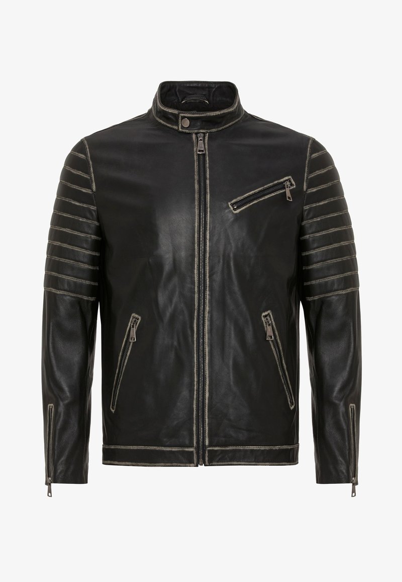 Sort lædermotorcykeljakke med quiltede ærmer, tre lynlåslommer, frontlynlås og tryklåslukning ved kraven.