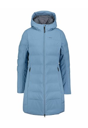 Light blue padded coat with a hood, featuring a zip front, two side pockets, and gray lining. Smooth texture with quilted pattern.
