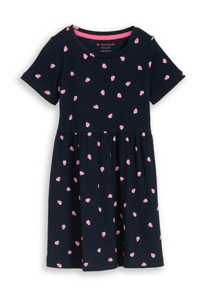 Marineblaues Kleid mit kurzen Ärmeln und pinkem Erdbeermuster, Rundhalsausschnitt und geraffter Taille, Kindergröße 104/110.