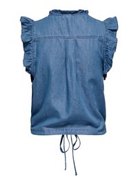 Haut sans manches en denim bleu avec épaules volantées, pli au dos et liens ajustables à l'ourlet inférieur.