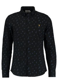 Camicia nera con bottoni, caratterizzata da un motivo blu, con maniche lunghe, colletto e un piccolo logo dorato sul petto.