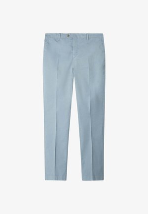 Hellblaue Herrenhosen mit seitlichen Taschen, Frontknopf und Gürtelschlaufen, flach auf weißem Hintergrund dargestellt.