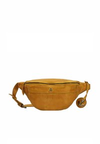 Marsupio in pelle giallo senape con chiusura a zip, tracolla regolabile e un charm circolare con design di ancora.