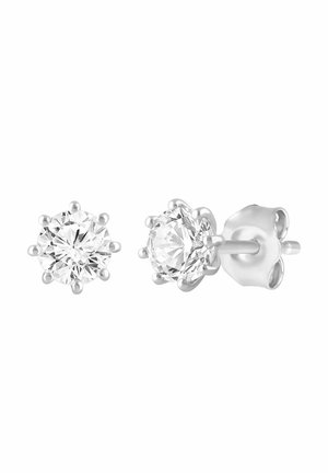Par de pendientes de botón con piedra preciosa redonda y transparente, engastados en metal plateado con seis garras y cierre de mariposa sobre fondo blanco.