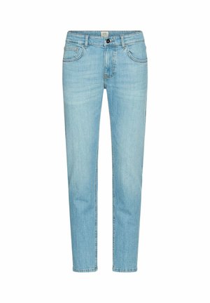 Lyseblå denimjeans med lige ben, der har en knaplukning, fem lommer og subtile slidmærker for tekstur.