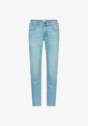 Lyseblå denimjeans med lige ben, der har en knaplukning, fem lommer og subtile slidmærker for tekstur.