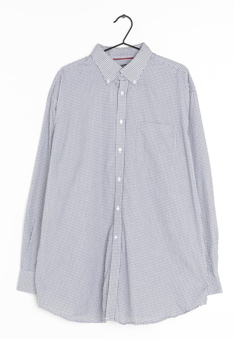 Chemise à manches longues à boutons en motif à carreaux bleu et blanc, fabriquée en tissu léger, dotée d'un col et d'une poche poitrine unique.