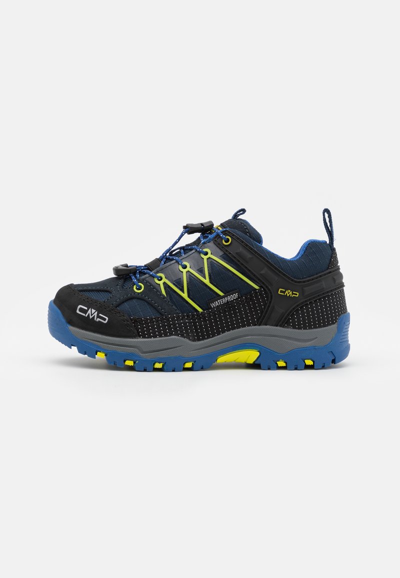 Waterproof hiking shoes with a black, blue, and green design. Features include mesh upper, protective toe cap, and textured outsole for traction.