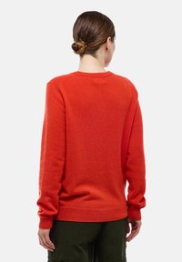Femme aux cheveux bruns en chignon portant un pull rouge vif à manches longues et un pantalon vert foncé, debout de dos sur un fond blanc uni.