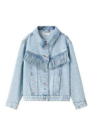 Veste en jean bleu clair avec fermeture boutonnée à l’avant et détails à franges sur la poitrine et les épaules, manches longues et col pointu.