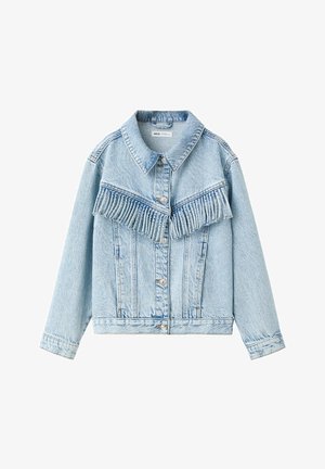 Veste en jean bleu clair avec fermeture boutonnée à l’avant et détails à franges sur la poitrine et les épaules, manches longues et col pointu.