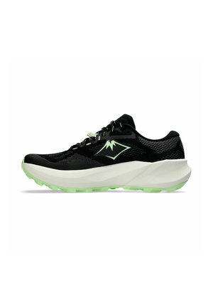 Scarpa sportiva nera con logo verde chiaro, dettagli sui lacci e sulla suola, con intersuola bianca e design superiore in mesh testurizzato.