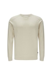 Beige gestrickter Pullover mit langen Ärmeln, Rundhalsausschnitt und gerippten Bündchen. Glatte Textur mit minimalen Nähten, versehen mit einem kleinen Logotag am Saum.