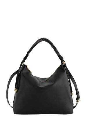 Bolso de mano de cuero negro con asa trenzada, cremallera dorada y correa de hombro ajustable sobre fondo blanco.