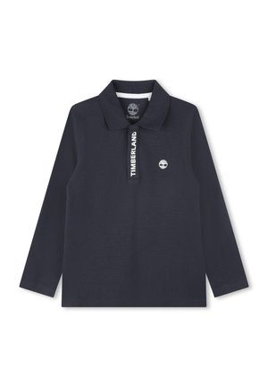 Marineblå langærmet polo med krave, Timberland-logo på brystet og Timberland-tekst på knapstolpen.