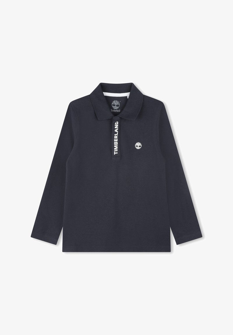 Polo bleu marine à manches longues avec col, logo Timberland sur la poitrine et texte Timberland sur la patte de boutons.