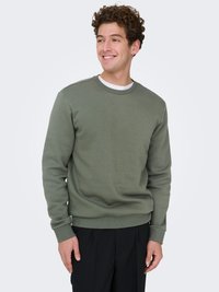 Giovane uomo con capelli ricci che sorride, indossa una felpa verde oliva sopra una camicia bianca e pantaloni neri su uno sfondo uniforme.