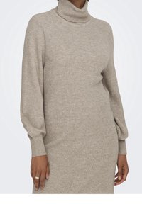 Abito beige a collo alto con righe, maniche lunghe e leggermente a sbuffo. Tessuto morbido, silhouette aderente e dettagli minimi.